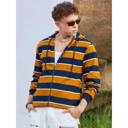 Campus Sutra Yellow & Blue Cotton Regular Fit Striped Hooded Sweatshirt-picture-18