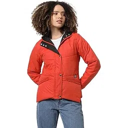 campus sutra Women's Red Puffer Regular Fit Bomber Jacket For Winter Wear | Standing Collar | Full Sleeve | Buttoned | Casual Jacket For Woman & Girl | Western Stylish Jacket For Women image 1