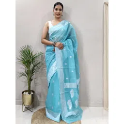 CaniBani Turquoise Blue Cotton Blend Banarasi Sarees-picture-17