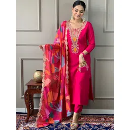 CaniBani Women Embroidered Regular Chanderi Silk Kurta with Trousers & With Dupatta-picture-30