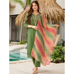 CaniBani Women Ethnic Motifs Embroidered Regular Thread Work Chanderi Silk Kurta with Trousers & With Dupatta-picture-16