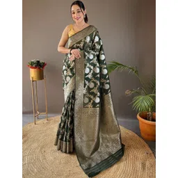 CaniBani Women Green Woven Design Zari Silk Blend Banarasi Saree image 2