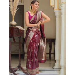 CaniBani Women Maroon Woven Design Zari Silk Blend Banarasi Saree-picture-35