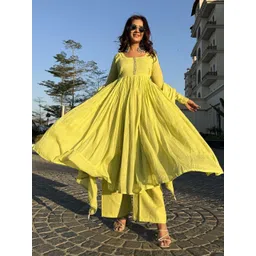 CaniBani Women Yellow Georgette Kurta & Trousers With Dupatta-picture-28