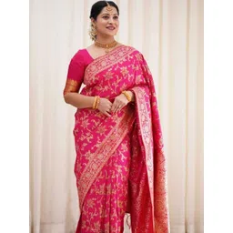 CANIZZARO Woven Design Zari Jacquard Silk Banarasi Saree With Unstitched Blouse-picture-34