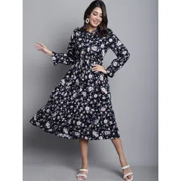 Cantabil Floral Printed Tie Up Neck Fit & Flare Midi Dress-picture-11