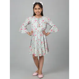 Cantabil Girls Floral Printed Tie-Up Neck Bell Sleeves Fit & Flare Dress-picture-14