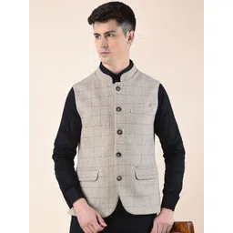 Cantabil Men Checked Woven Nehru Jacket-picture-38