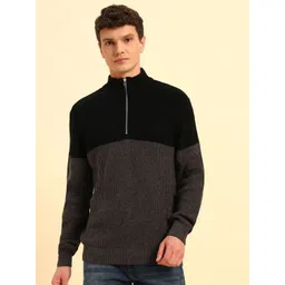 Cantabil Men Colourblocked Mock Neck Pullover with Zip Detail-picture-19