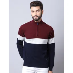 Cantabil Men Navy Blue & Maroon Colourblocked Pullover with Zip Detail-picture-28