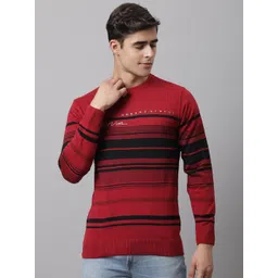Cantabil Men Red & Black Striped Round Neck Pullover-image-4