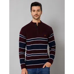 cantabil Men Striped Collared Neck Maroon Sweater-picture-11