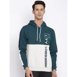 Cantabil Men Teal & Grey Melange Colourblocked Wool Hooded Sweatshirt-picture-23