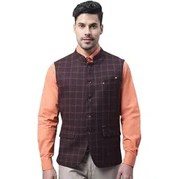 cantabil Men's Checkered Wine Mandarin Collar Waist Coat-picture-35