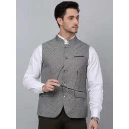 Cantabil Men's Green Self Design Mandarin Collar Party Wear Waistcoat-picture-31