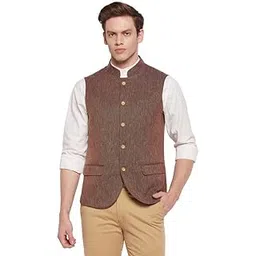 cantabil Men's Self Design Rust Mandarin Collar Waist Coat-picture-11