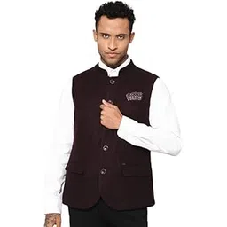 cantabil Men's Solid Wine Mandarin Collar Waist Coat-picture-34