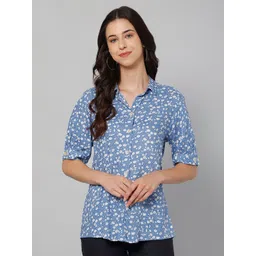 Cantabil Women Blue & White Floral Print Shirt Style Top-picture-41