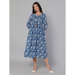 Cantabil Women Blue Floral Printed Cotton A-Line Midi Dress-picture-28
