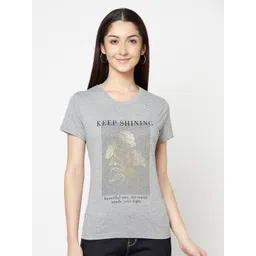 Cantabil Women Grey Melange Printed Cotton T-shirt image 1