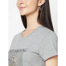 Cantabil Women Grey Melange Printed Cotton T-shirt image 3