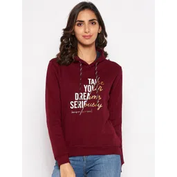 Cantabil Women Maroon Printed Fleece Hooded Sweatshirt-picture-32