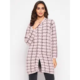 Cantabil Women Pink & Purple Checked Checked Longline Cotton Cardigan-picture-36