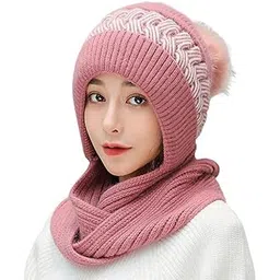 capichino Winter Cap for Women Woolen Cap with Mufflers for Women, Knitted Woolen Muffler for Women & Girls Muffler Woolen Cap, Stylish Woolen Caps for Women Winter Wear Scarf(Dark Pink)-picture-31