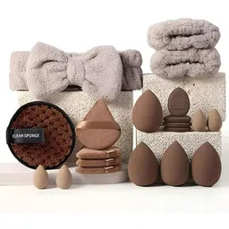 20 Pcs Brown Makeup Sponge Set with Puff, Bow Headband & Clean Pad for Women"-image-11