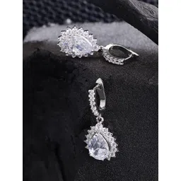 Carlton London Silver-Toned Rhodium Plated CZ Studded Teardrop Shaped Drop Earrings-picture-30