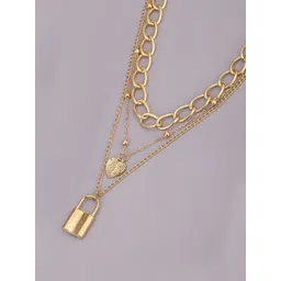 Carlton London Women Gold-Plated Triple Chain with Dangling Heart & Lock Necklace-picture-37
