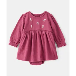 Carter's Cotton Knit Full Sleeves Frock Style Onesie With Floral Embroidery - Dark Pink-picture-28