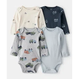 Carter's Knit Full Sleeves Onesies With Stripes & Vehicle Print Pack Of 4 - Grey & Black-picture-18