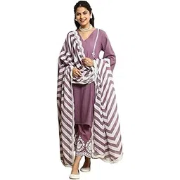 cartia.store Women's Cotton Embroidered Straight Kurta & Pant with Dupatta Set (Purple)-picture-55
