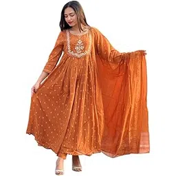 cartia.store Women's Cotton Embroidery Anarkali Kurti and Pant with Dupatta Set-picture-10