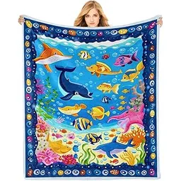 Cartoon Ocean Animals Flannel Throw Blanket 50×60in Cozy 340GSM Lightweight Thick Underwater World Blanket Birthday for Women Men and Kids Bedroom Living Room Couch Sofa Decor-picture-25