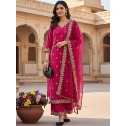 CARTYSHOP Women Ethnic Motifs Embroidered Regular Thread Work Chanderi Cotton Kurta with Palazzos & With-picture-17