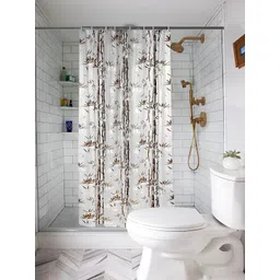 CASA-NEST Brown & White 9 Pieces Printed Floral Bamboo Shower Curtains With Hooks-picture-38