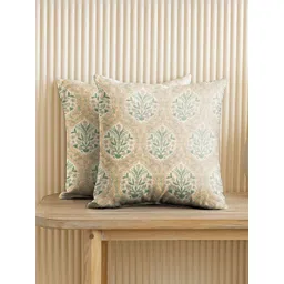CASABLEU Beige Set Of 2 Floral Printed Square Cushion Covers 16" X 16"-picture-39