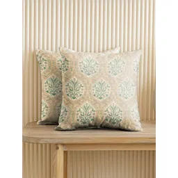 CASABLEU Beige Set Of 2 Floral Printed Square Cushion Covers 16" X 16"-picture-40