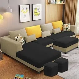 Casaliving Minta LHS 8 Seater L Shape Sofa Set with Ottoman & 2 Puffy for Living Room (Cream Black - Colour Fabric) Premium Fabric Sofa Set ForLiving Room | Hall-picture-25