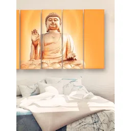 Casperme 5 Pieces Beige & Orange Wooden Religious Buddha Big Wall Painting-picture-14