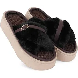 cassiey Latest Women's Fuzzy Cross Band Platform Indoor Outdoor Faux Fur Open Toe Slippers-picture-22