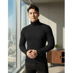 cat bunny Men Solid High Neck Black Sweater-picture-18