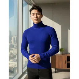 cat bunny Men Solid High Neck Blue Sweater-picture-22