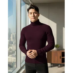 cat bunny Men Solid High Neck Maroon Sweater-picture-13