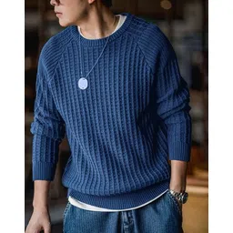 cat bunny Men Solid Round Neck Blue Sweater-picture-25