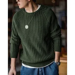 cat bunny Men Solid Round Neck Green Sweater-picture-24