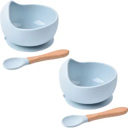 cathiya sales 2 Pcs Self-Feeding Silicone Baby Bowl & Spoon,Curved Walls | Strong Suction Base - Hygienic Food Grade Silicone & Wooden-picture-27