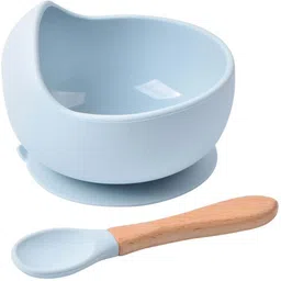 cathiya sales Self-Feeding Silicone Baby Bowl & Spoon, Curved Walls | Upgrade Strong Suction - Hygienic Food Grade Silicone & Wooden image 1